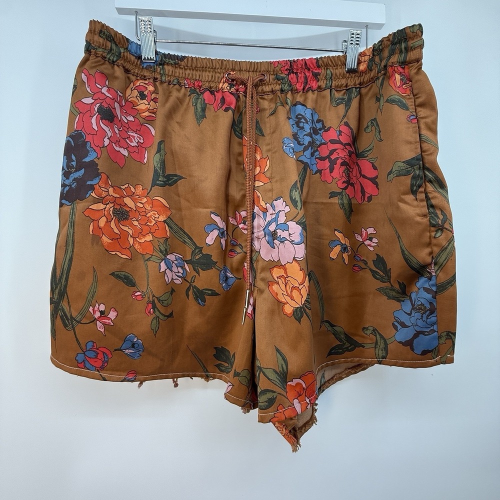 Urban Outfitters Orange Gold Floral Boho Pajama Shorts XL TG Silk Drawstring‎